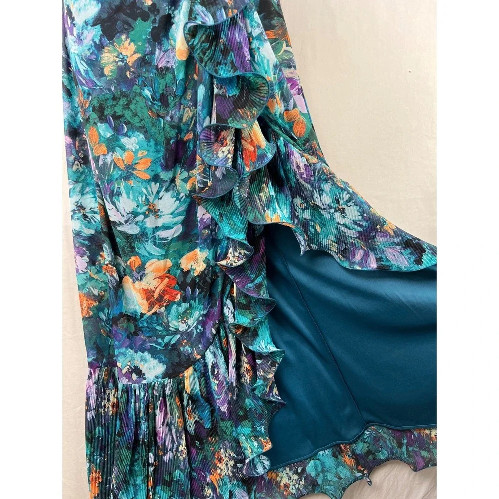 XSCAPE Floral Maxi Dress Women 6 Teal Purple Ruffle Strapless Tropical Gown - Picture 3 of 12
